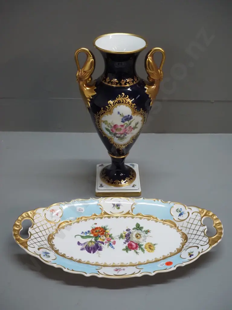 2 pieces of German china - Kaiser urn vase H-350 and a gilt and floral handled plate / tray L-410 Image 1++