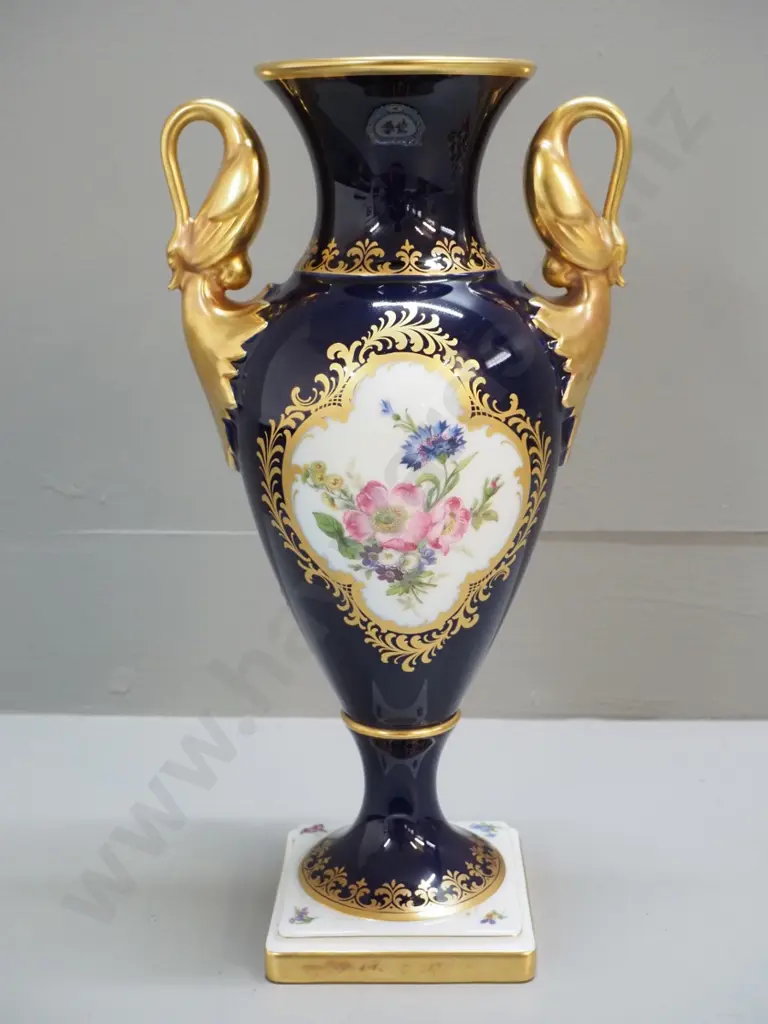 2 pieces of German china - Kaiser urn vase H-350 and a gilt and floral handled plate / tray L-410 Image 1++