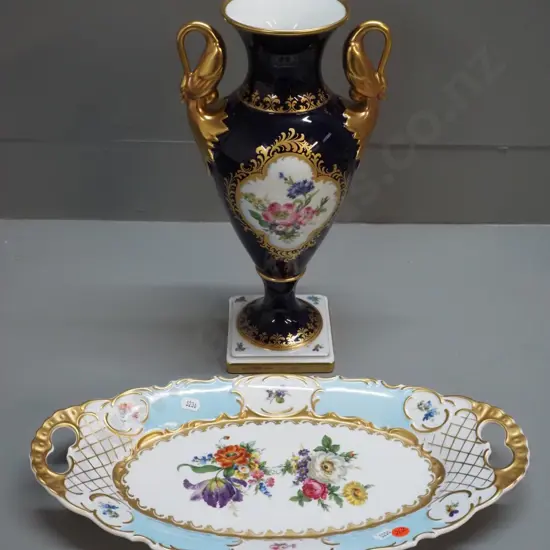 2 pieces of German china - Kaiser urn vase H-350 and a gilt and floral handled plate / tray L-410