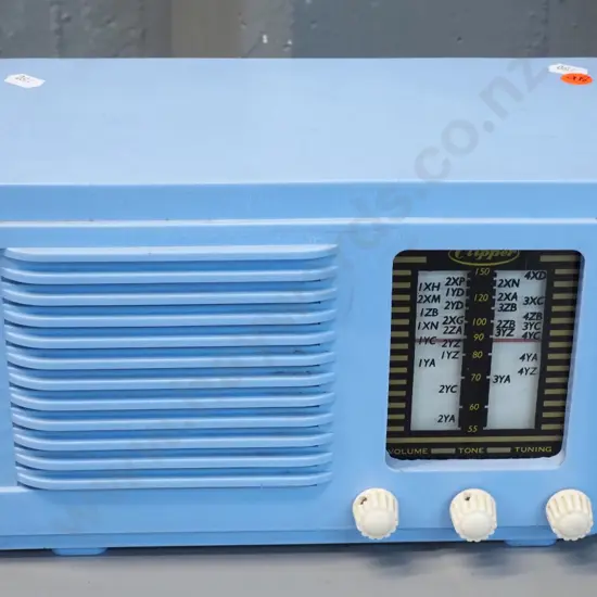 Clipper blue bakelite or plastic cased mantel radio H-180 W-290 D-160