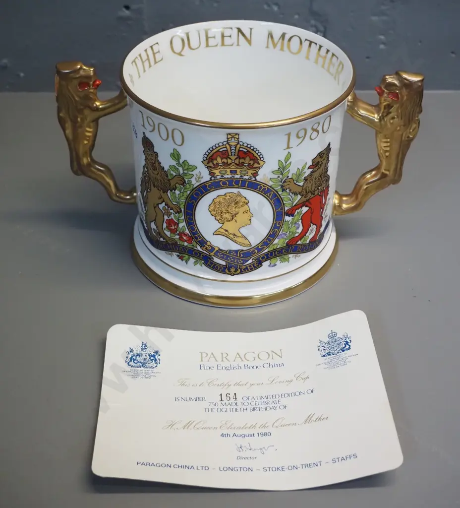 Paragon Queen Mother's Birthday loving cup with lion handles - limited edition of 750. H-120 W-230 Image 1++