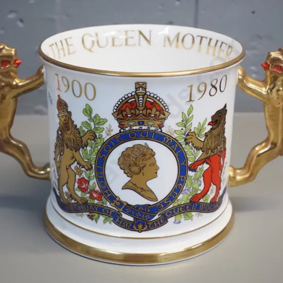 Paragon Queen Mother's Birthday loving cup with lion handles - limited edition of 750. H-120 W-230