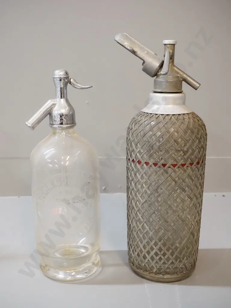 2 vintage soda syphons - John Gold & Sons Balclutha with Lane's Dunedin top, and a mesh-covered English size C. H-350 Image 1++