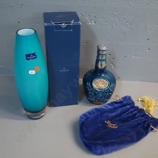 Villeroy and Boch white-lined teal glass vase H-300 with box and a Royal Salute whisky decanter made by Spode