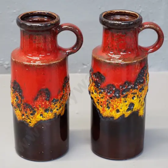 pair of German pottery relief pattern handled vases - marked 407-20. H-210 W-100