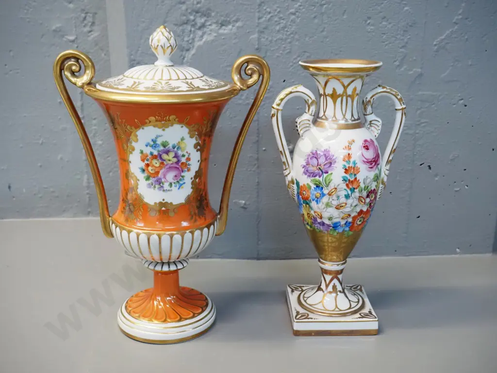 2 "Dresden" German floral double handled urn vases - lidded one is H-330 Image 1++