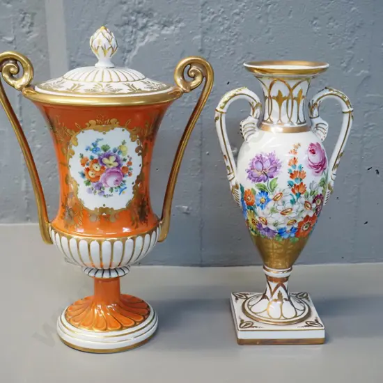 2 "Dresden" German floral double handled urn vases - lidded one is H-330