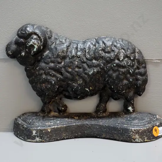 black painted cast iron ram door stop H-170 W-220 - some wear to finish