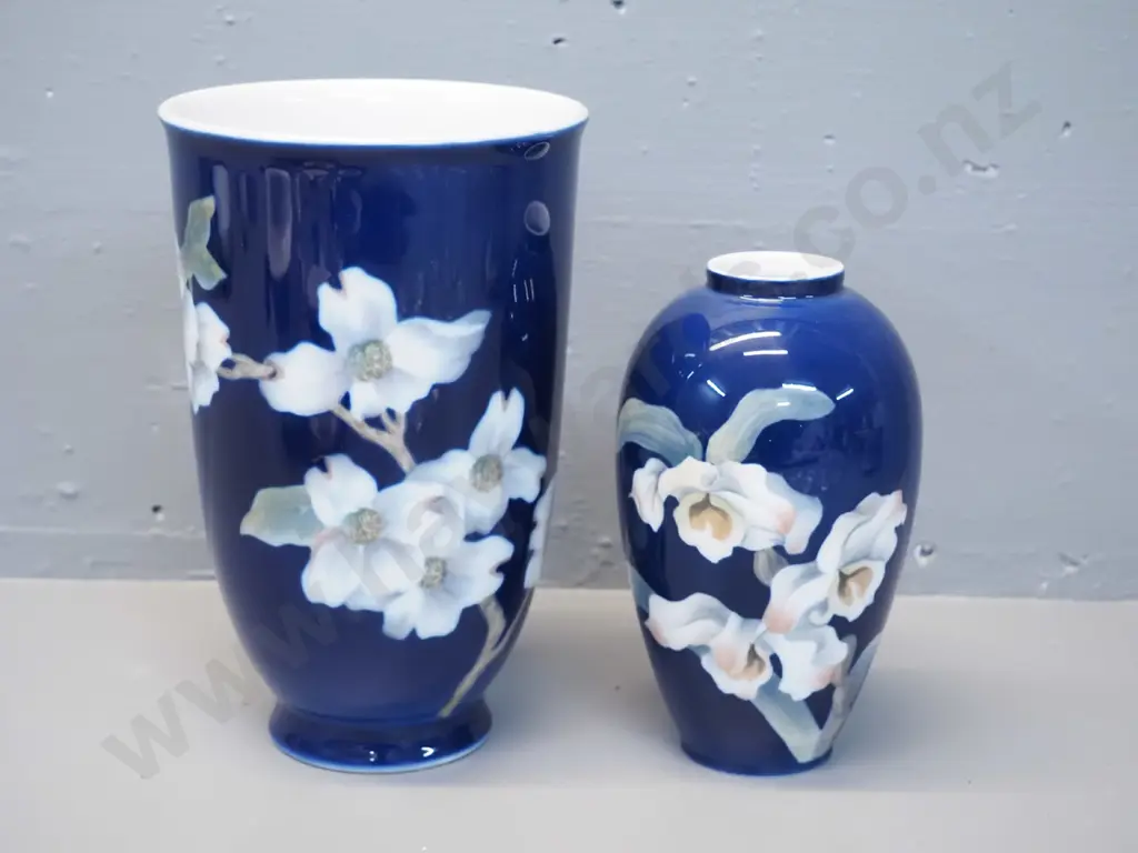 2 Royal Copenhagen cobalt blue glaze vases - small orchid motif and larger blossom pattern H-230 Image 1++