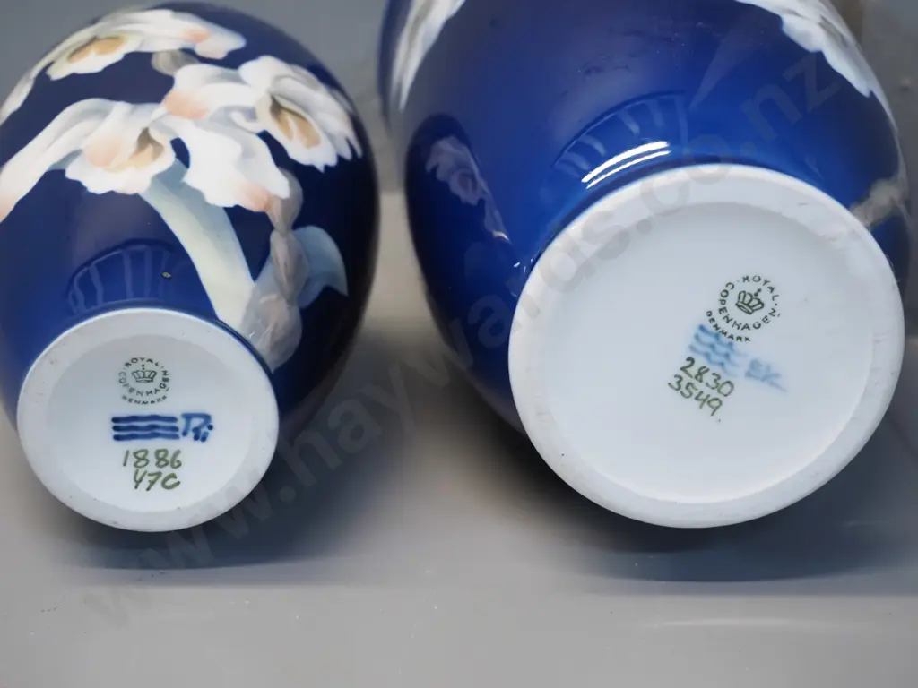 2 Royal Copenhagen cobalt blue glaze vases - small orchid motif and larger blossom pattern H-230 Image 1++