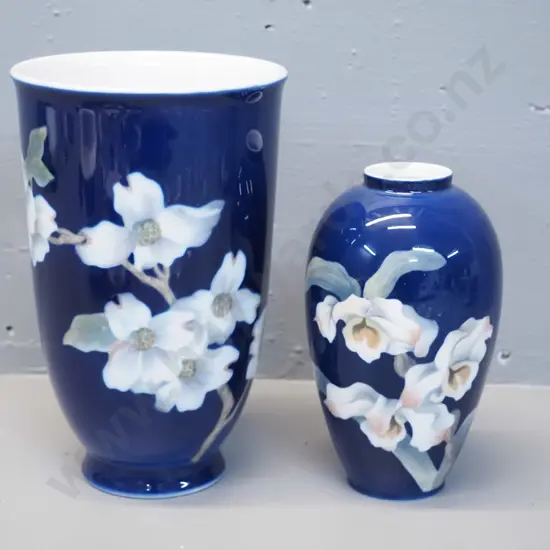 2 Royal Copenhagen cobalt blue glaze vases - small orchid motif and larger blossom pattern H-230