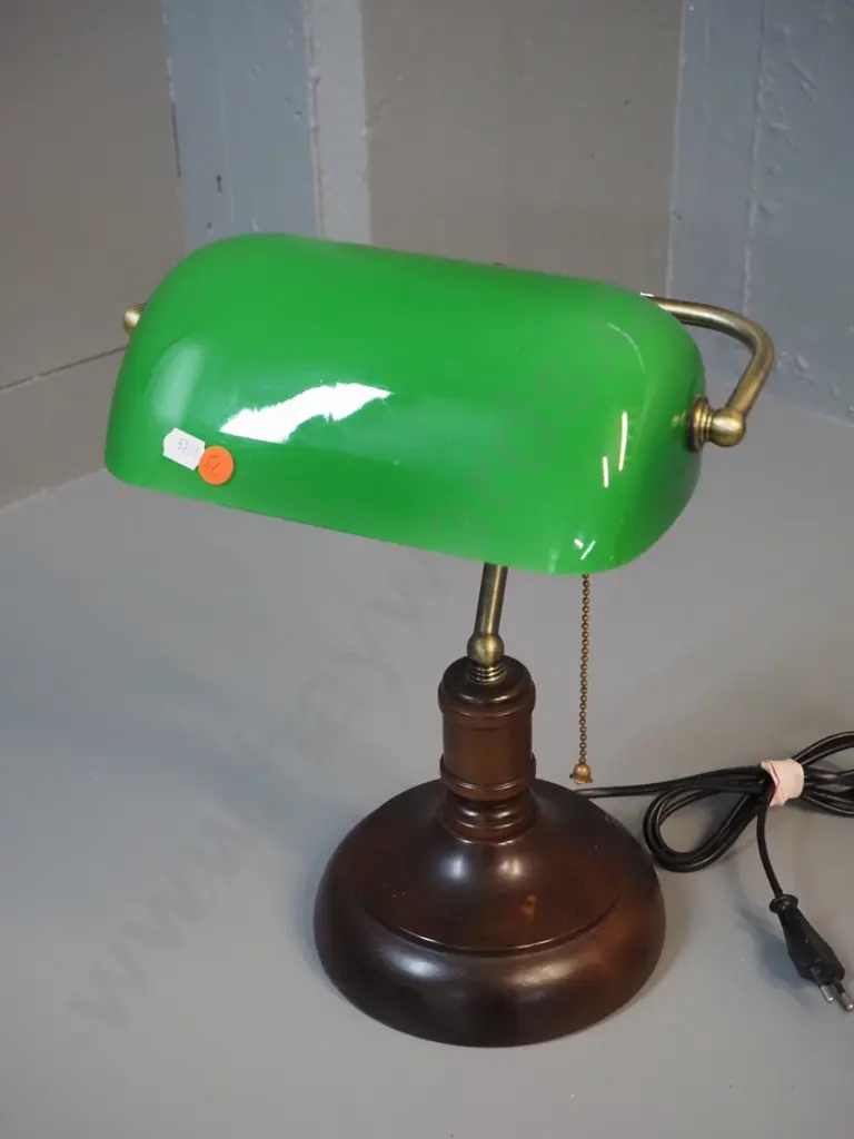 timber and brass finish based banker's lamp with green white-lined glass shade, pull cord - has 2-prong Euro style plug Image 1++