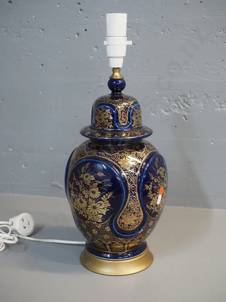 Coverley NZ cobalt & gilt ceramic table lamp base in temple jar shape H-460 D-190 at widest Image 1++