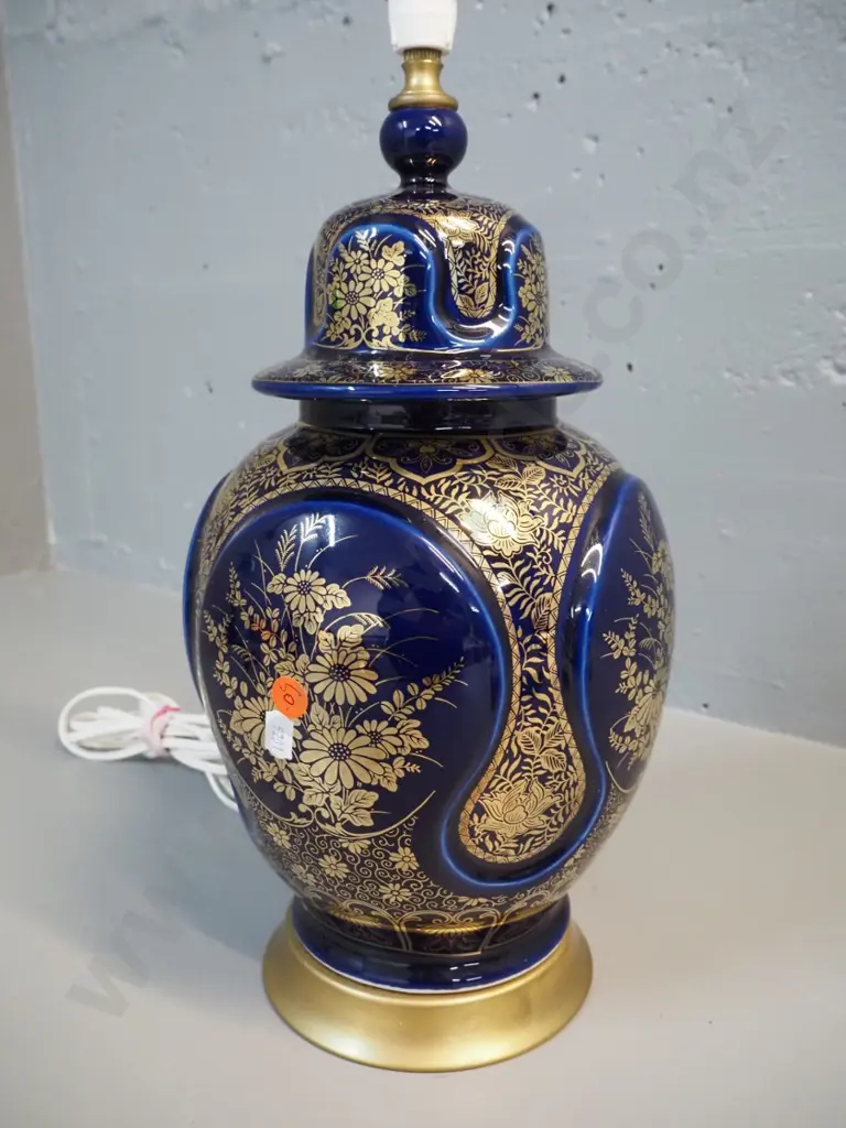 Coverley NZ cobalt & gilt ceramic table lamp base in temple jar shape H-460 D-190 at widest Image 1++