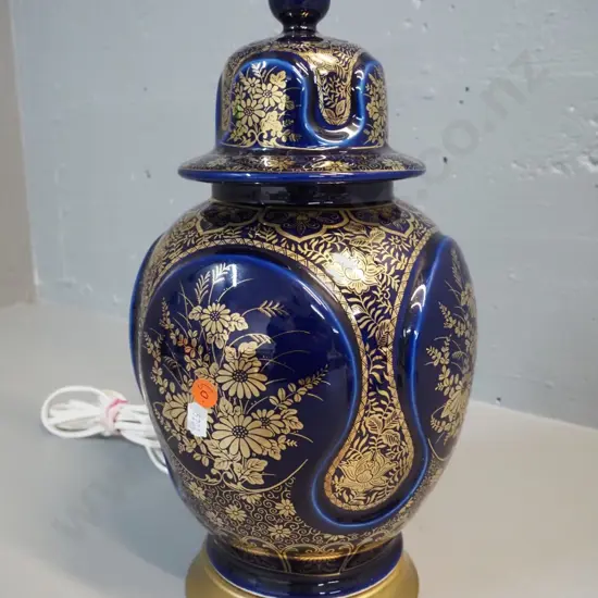 Coverley NZ cobalt & gilt ceramic table lamp base in temple jar shape H-460 D-190 at widest
