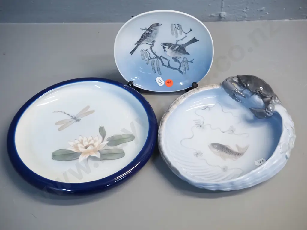 3 Royal Copenhagen dishes -  crab dish, bird duo, and dragonfly D-240 Image 1++