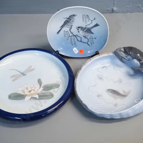 3 Royal Copenhagen dishes -  crab dish, bird duo, and dragonfly D-240