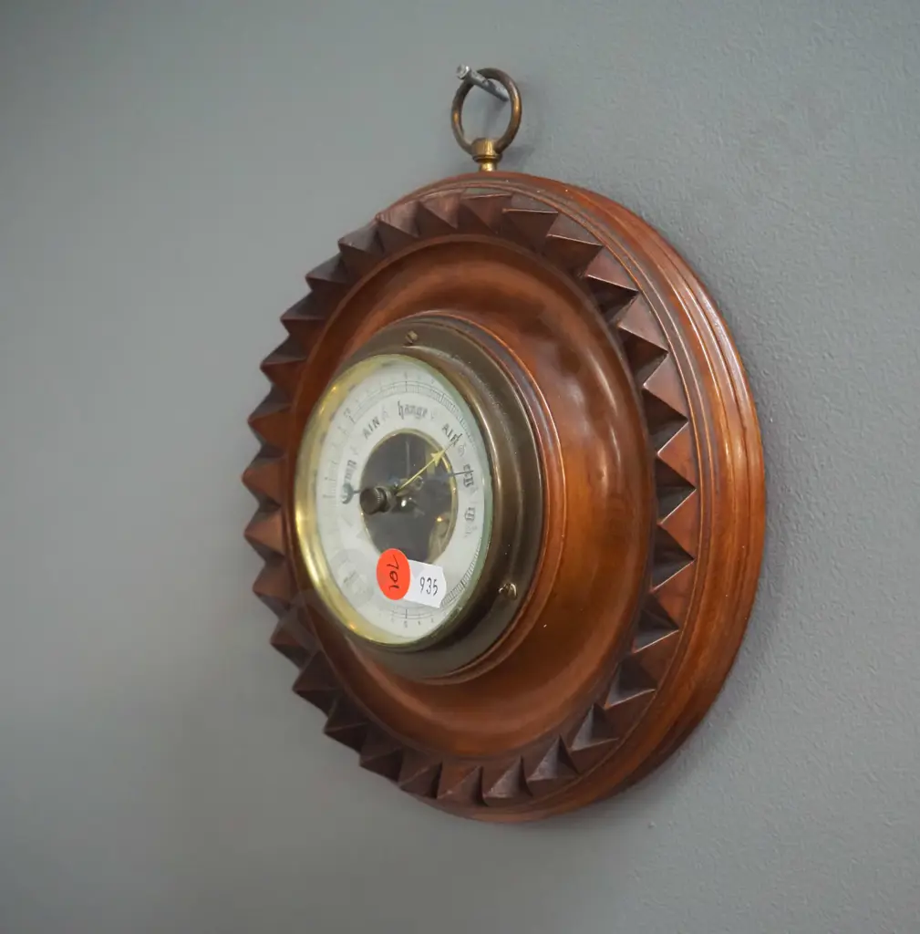 vintage wall barometer in carved timber case - some marks to brass bezel - diameter 185 Image 1++