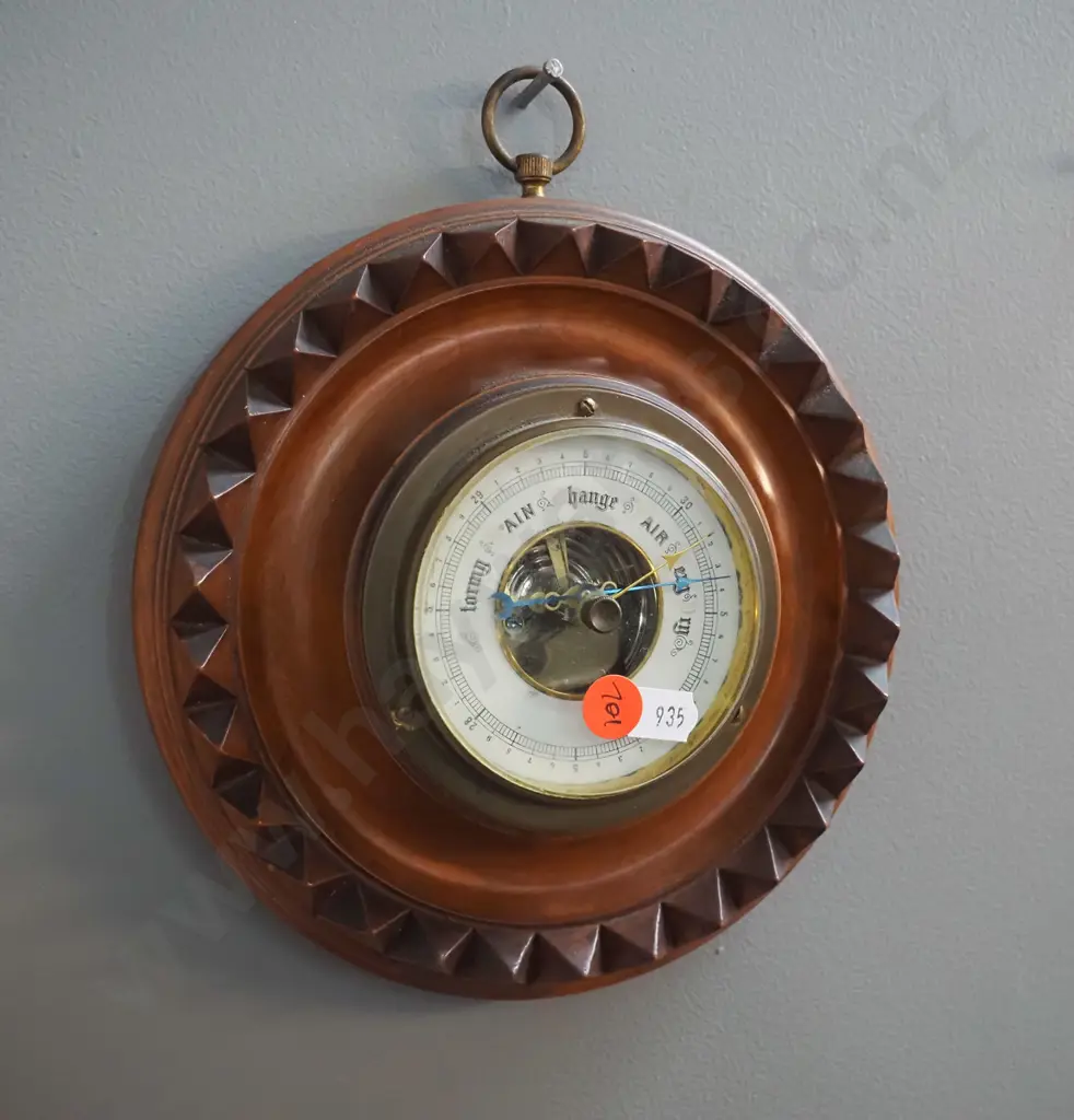 vintage wall barometer in carved timber case - some marks to brass bezel - diameter 185 Image 1++