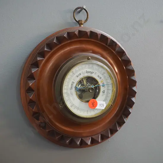 vintage wall barometer in carved timber case - some marks to brass bezel - diameter 185