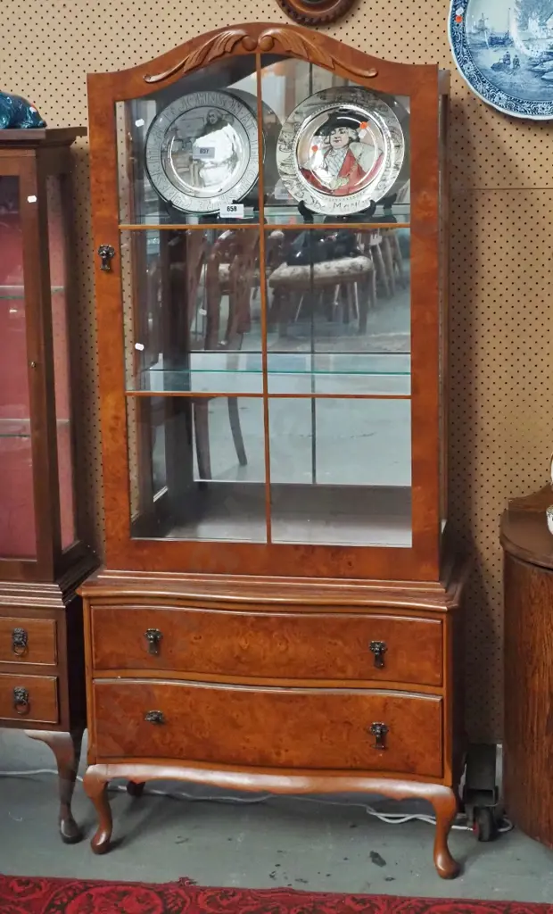 reproduction mahogany & burr walnut fronts tall china cabinet with 1 door w/astragals, 2 drawers, 2 glass adjustable Image 1++