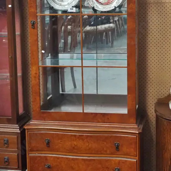 reproduction mahogany & burr walnut fronts tall china cabinet with 1 door w/astragals, 2 drawers, 2 glass adjustable