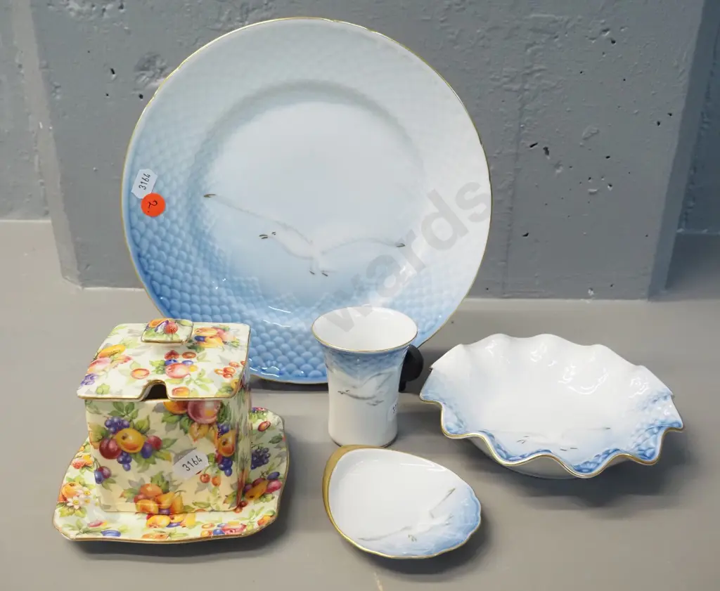 Royal Winton lidded jam pot w/ dish and Bing & Grondahl seagull pattern cabinet plate, small vase and 2 dishes Image 1++
