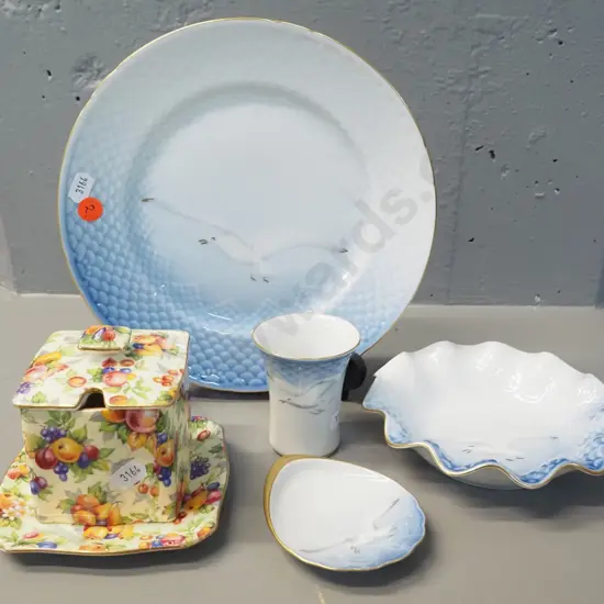 Royal Winton lidded jam pot w/ dish and Bing & Grondahl seagull pattern cabinet plate, small vase and 2 dishes