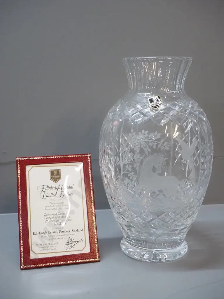 Edinburgh large heavy cut and etched crystal vase with horse & bird motifs H-315 D-170 at widest Image 1++