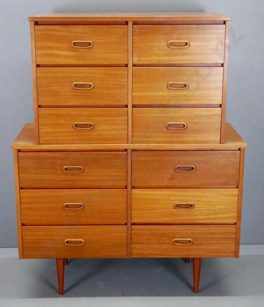 mid-century mahogany 12-drawer chest-on-chest - some chips & water marks, polish needs work H-1235 W-970 D-405 Image 1++