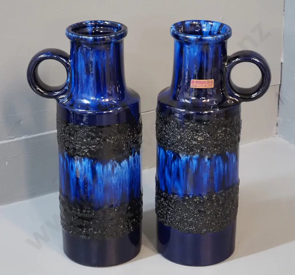 pair of Scheurich German pottery dark blue handled vases - marked 401-28. H-280 Image 1++