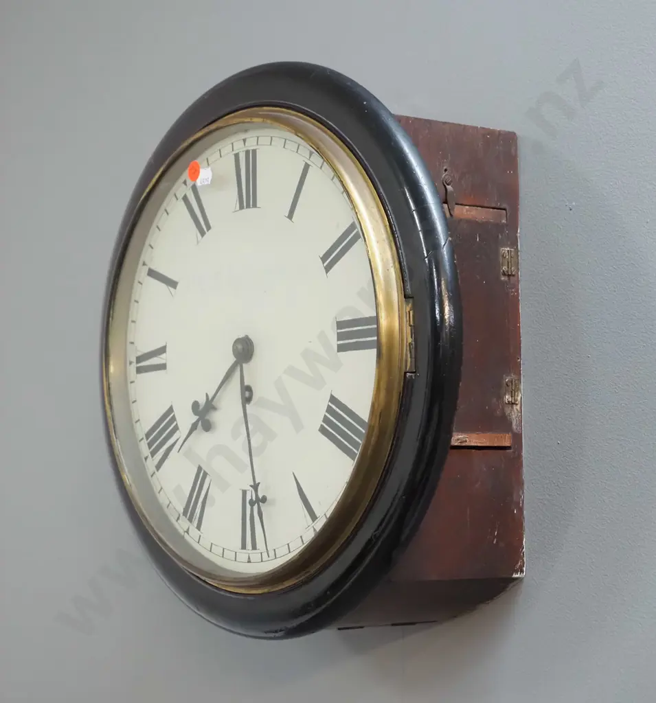 antique timber cased wall clock with brass bezel, with key, faded Peter Dick / Dunedin markings on face plus newspaper Image 1++