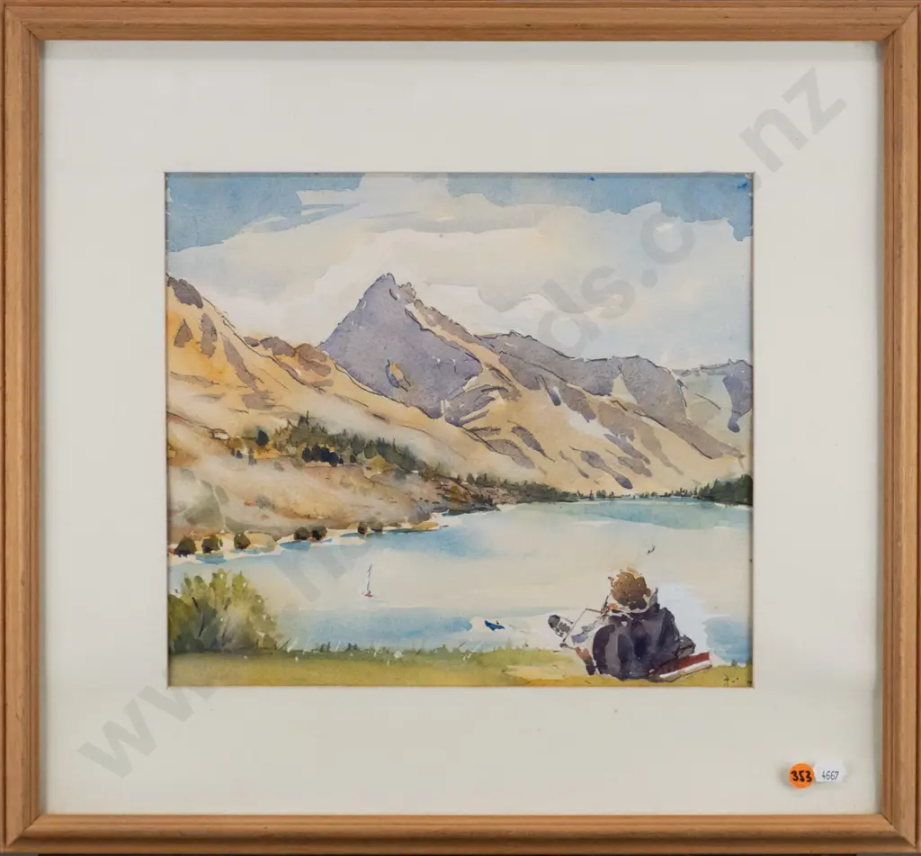 H.'94 framed watercolour, artist painting by lake H-280 W-320 (very slight foxing) Image 1++