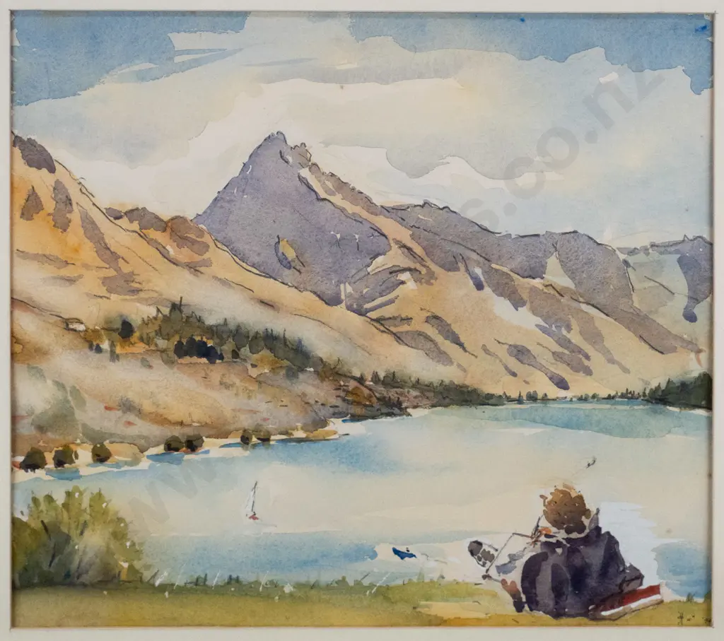 H.'94 framed watercolour, artist painting by lake H-280 W-320 (very slight foxing) Image 1++