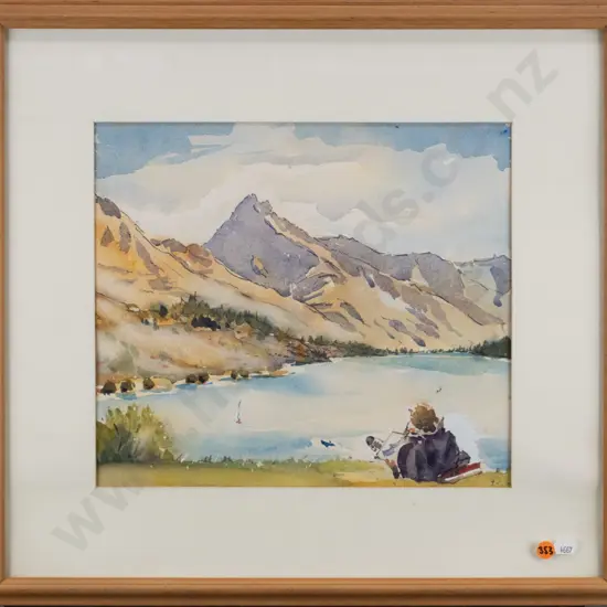 H.'94 framed watercolour, artist painting by lake H-280 W-320 (very slight foxing)