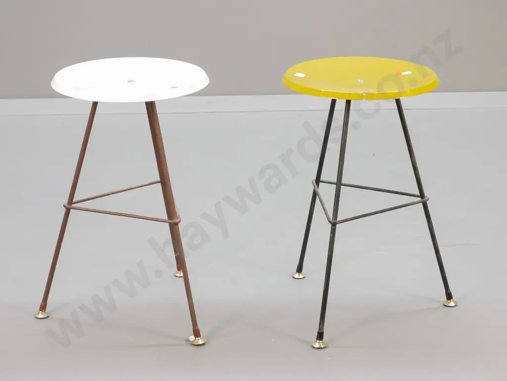 pair of retro all-metal stools with disc-shaped seats - one gold, one white. Some rubbing to paint H-470 D-280 Image 1++