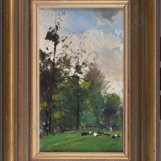 John R Hunt '88 - framed oil - trees and animals H-250 W-140