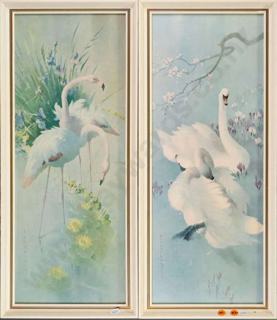 2x Vernon Ward prints, swans and flamingos Each H-500 W-190 Image 1++