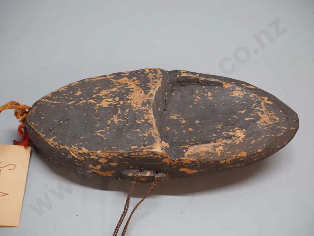 carved & painted wooden, one shell eye missing - New Guinea Sepik River canoe shield mask according to tag. H-340 W-170 Image 1++