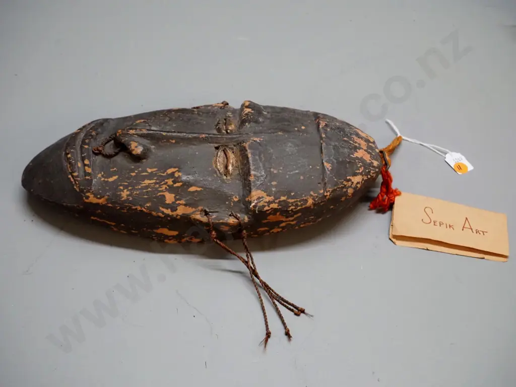 carved & painted wooden, one shell eye missing - New Guinea Sepik River canoe shield mask according to tag. H-340 W-170 Image 1++