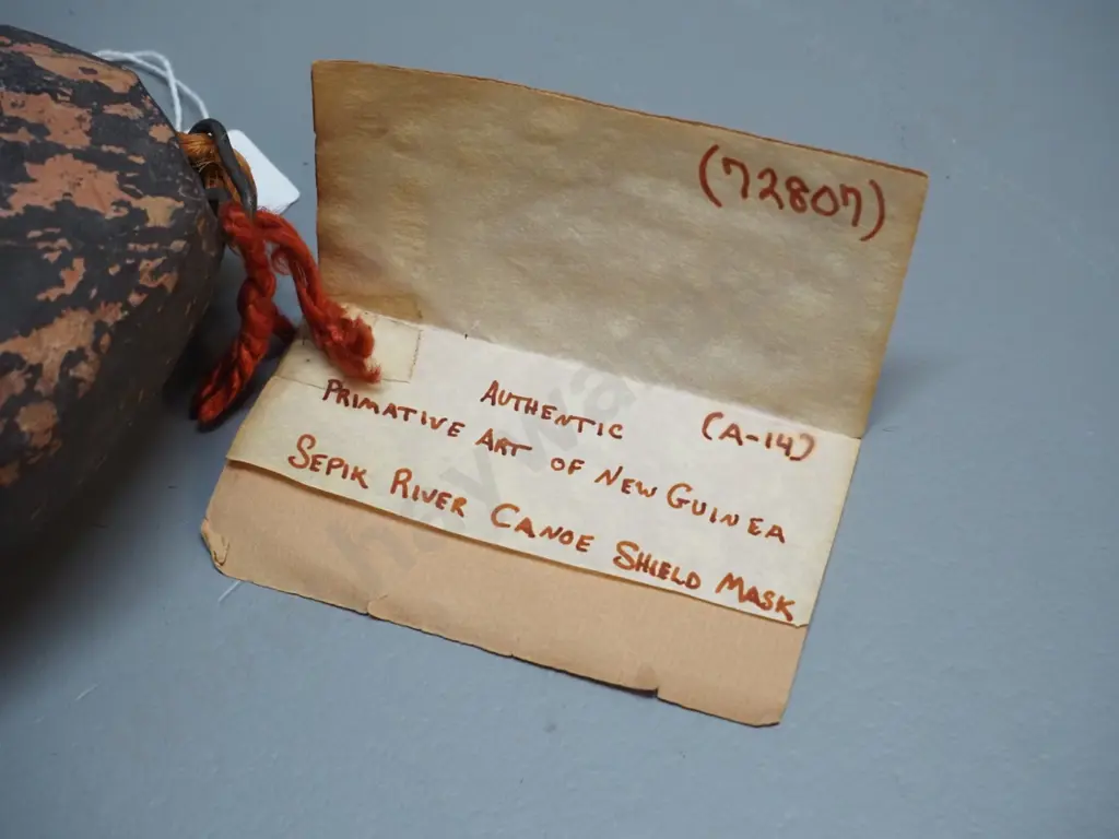 carved & painted wooden, one shell eye missing - New Guinea Sepik River canoe shield mask according to tag. H-340 W-170 Image 1++