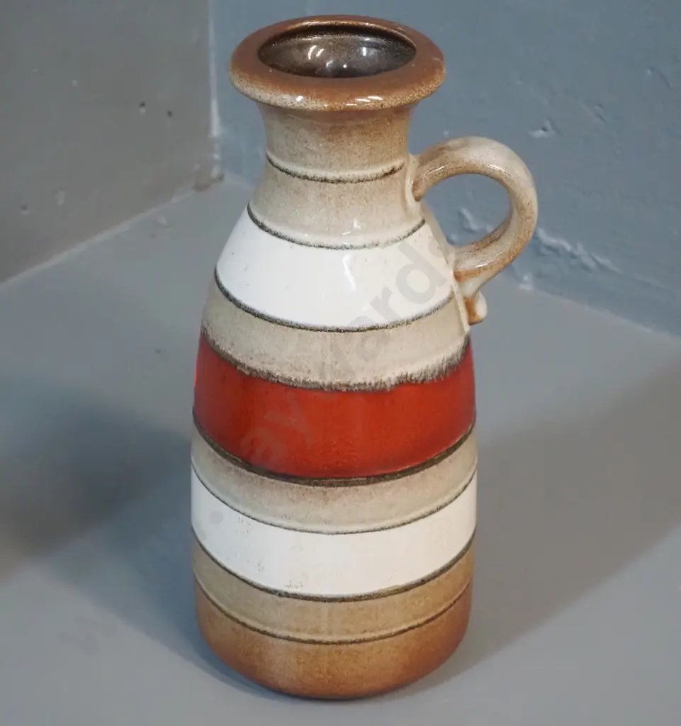 Scheurich German pottery handled vase - red, cream and brown stripes. Marked 493/27. H-270 Image 1++