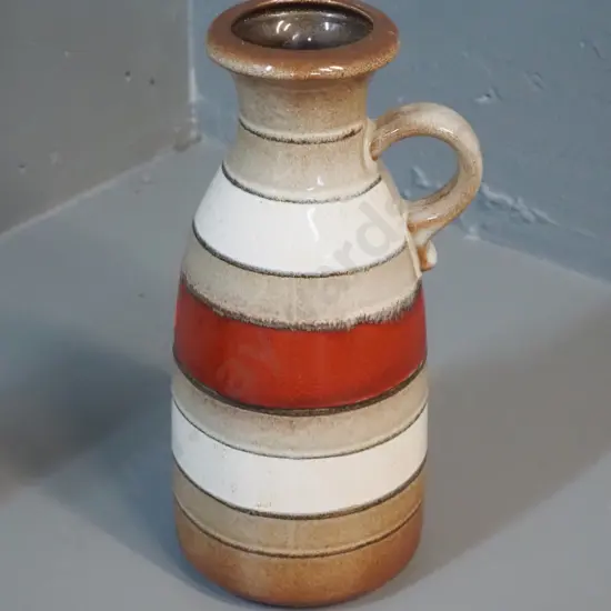 Scheurich German pottery handled vase - red, cream and brown stripes. Marked 493/27. H-270