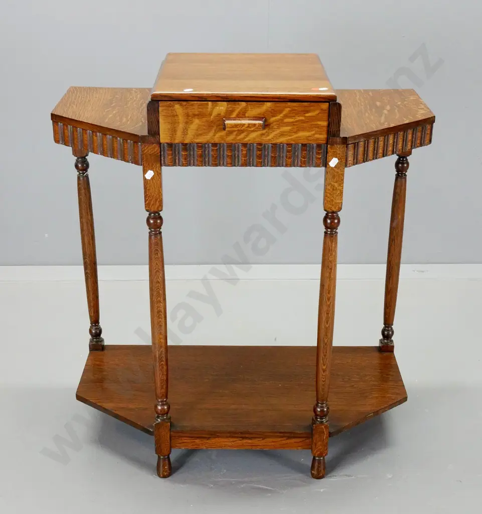 deco oak hall table w/ turned legs, raised centre drawer, bottom shelf H-860 W-760 D-400 Image 1++
