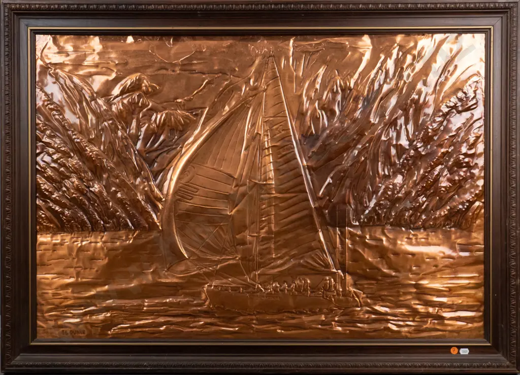 framed pressed copper art work - sailing boat - Ceramco New Zealand H-600 W-870 Image 1++