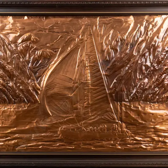 framed pressed copper art work - sailing boat - Ceramco New Zealand H-600 W-870