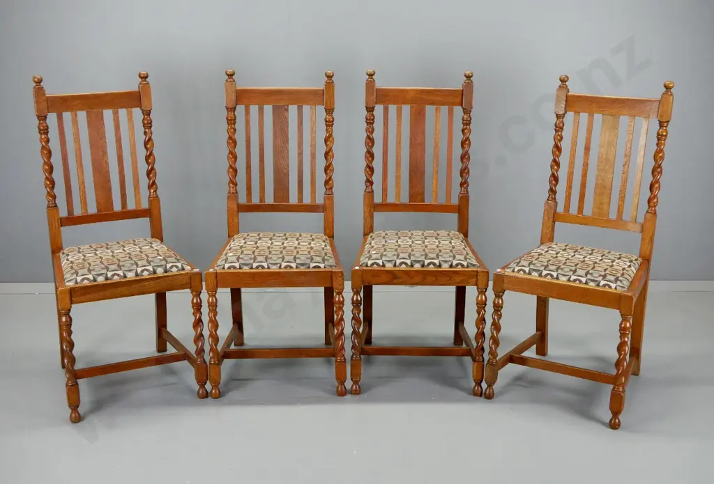 set of 4 deco oak framed dining chairs w/ barley twist turnings, slat back, geometric chenille tapestry H1030 W440 D440 Image 1++