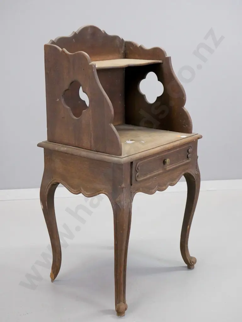 vintage French small oak bedside cabinet with drawer and top shelf, some chips and marks H-760 W-400 D-310 Image 1++