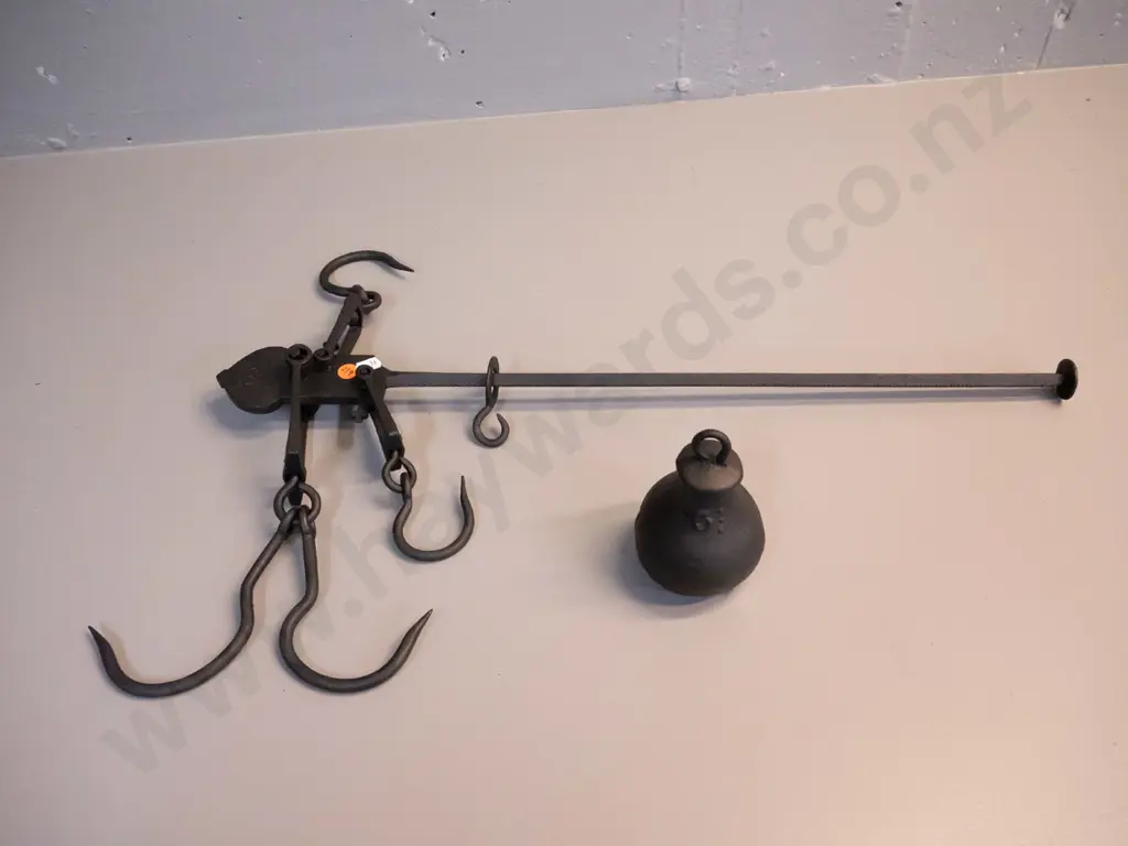 vintage cast iron hanging balance farm scales with hooks and weight L-590 - marked 155 Imperial W&T Avery Image 1++