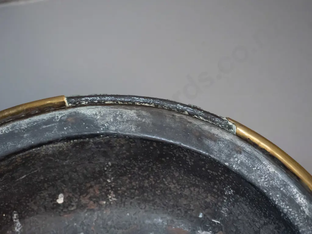 vintage brass bed warmer with oak handle with pierced lid - some damage & wear to brass around rim L-1030 Pan D-290 Image 1++